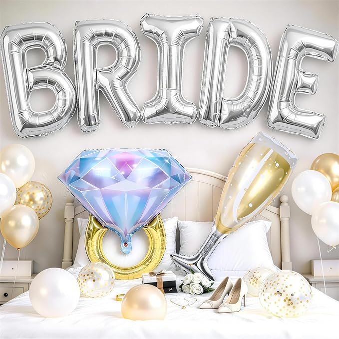 40inch Silver Bride Balloons Bachelorette, Bride To Be Bridal Shower Balloon Diamond Ring Champagne Glass Foil Balloon for Bachelorette Bridal Shower Engagement Wedding Hen Night Room Party Decoration