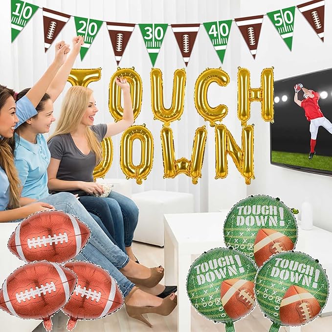 Football Balloons Gold Touchdown Letter Balloons Round Touchdown Balloons and Banner for Football Birthday Party Decoration Game Day Tailgate Party Decorations Theme Supplies Balloon Sets-16 PCS
