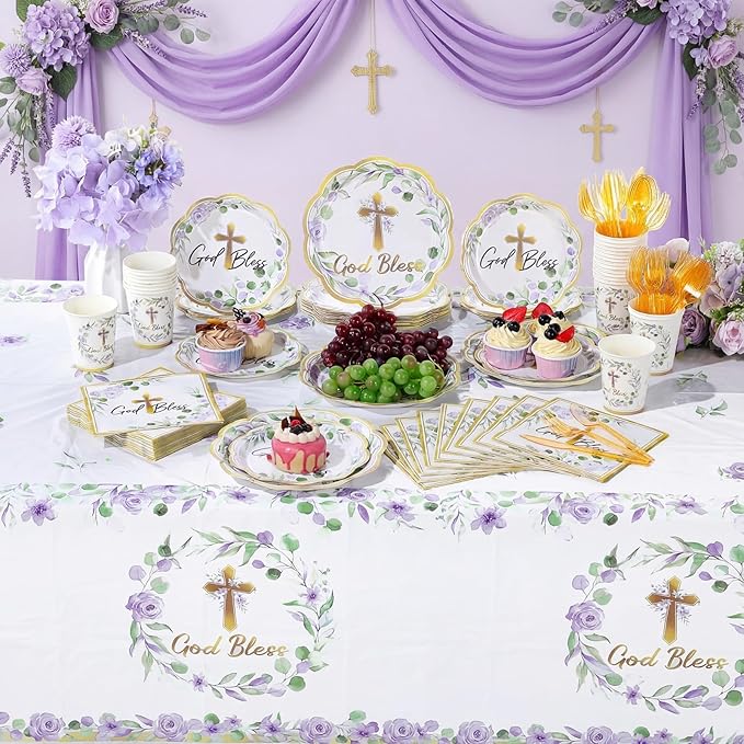 Pickmesh 194 Pcs God Bless Baptism Party Decoration Girl for 24, Purple Flroal Baptism Paper Plate Napkin Cup Tablecloth Cutlery First Holy Communion Tableware for Christening Baby Shower Supplies
