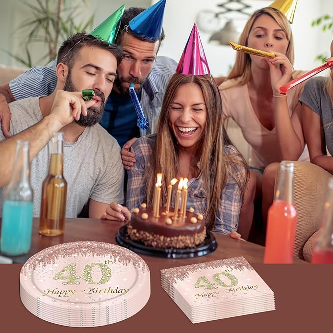 40th Rose Gold Birthday Plates and Napkins, 9 Inch Pink Rose Gold Disposable Dinner Dessert Plates Happy 40th Birthday Party Supplies Decorations for Girls Women
