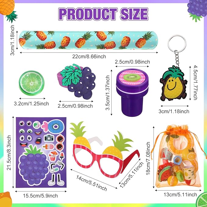 Blosssound 96 Pcs Fruit Party Favors Summer Theme Birthday Gifts Set Make a Fruit Sticker Stress Ball Slap Bracelet Glass Ring Keychain Stamper Gift Bag Piñata Fillers Classroom Prizes