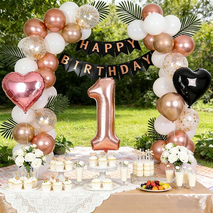 1st Birthday Decorations for Baby Girl - Rose Gold, Black and Hot Pink Party Supplies Set with Happy 1st Banner, Number 1 Balloon and Foil Fringe Curtains - 1 Year Old Celebration Kit