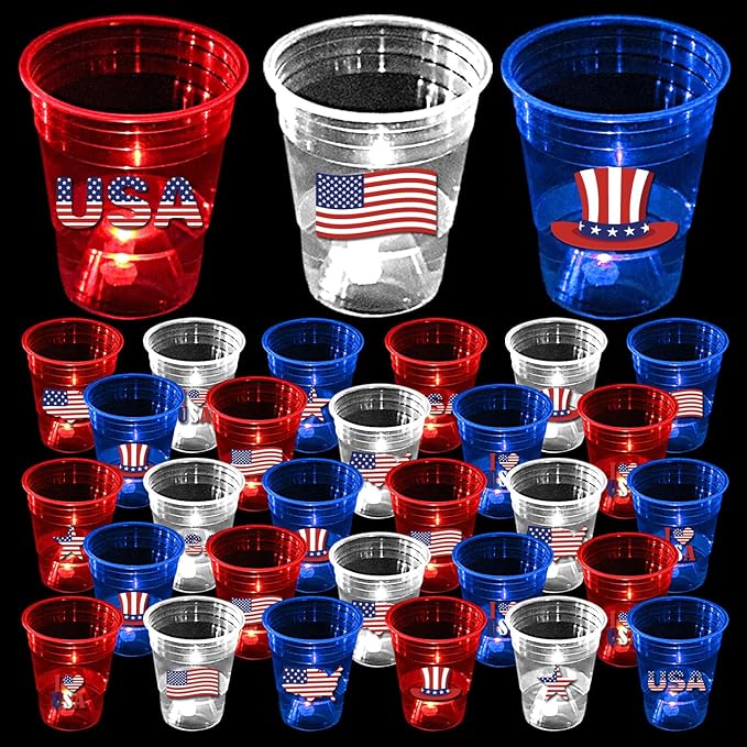 mishunyus 60 Pcs Glow Patriotic Party Decorations, 4th of July Party Cups Pack, USA Citizenship Party Supplies for Memorial Day, Independence Day, Veterans Day(16 oz)