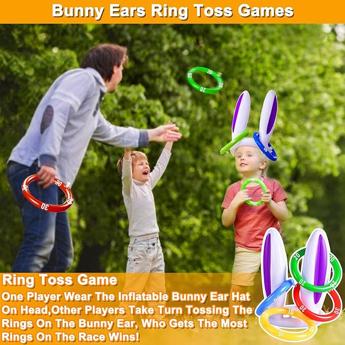 19 Pack Easter Outdoor Party Games for Kid Family, School Carnival Game 4 Bunny Potato Sack Race Bag, Egg and Spoon Relay Race, 2 3-Legged Band, 1 Ear Ring Toss Game (4 Score Rings) Easter Eggs Hunt