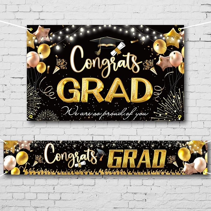 Large Banner and Backdrop for Party, Yard, Garden – Party Supplies for Indoor/Outdoor (Graduation Black)