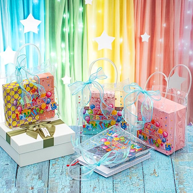 Henoyso 24 Pcs Clear Happy Birthday Gift Bags Plastic Goodie Candy Treat Bags PVC Party Favor Totes with Handles 7.8 x 7.8 x 3.1 Gift Wrap Totes