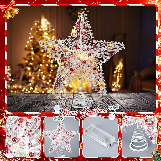 Christmas Star Tree Topper 8.3 Red and White Beads Decor 3D Star Treetop LED Lights Battery Powered Xmas Tree Ornament for Xmas Party Indoor Outdoor Home Decoration