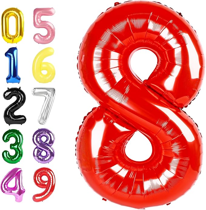8 Birthday Balloon, 40 Inch Red Foil Big Ballon for Women And Men, Numbers Balloon Decoration for Happy 8 18 28 80 Birthday, Wedding Anniversary, New Year, Party Decoration