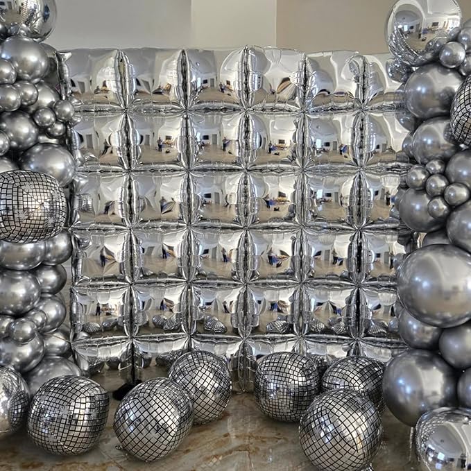 Silver Square Foil Balloons Wall, 25PCS Double Sided Metallic Chrome Silver Foil Square Balloon Backdrop Flat Tunnel Background for Birthdays Graduation Baby Shower New Year Eve Anniversary Engagement