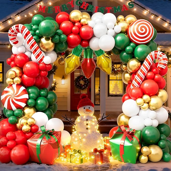 169pcs Christmas Balloon Garland Arch Kit with Red Green White Gold Balloons, Candy Cane, Gift Box, Light Bulb Foil Balloons, X-mas Birthday Party Supplies, Christmas Party Decorations