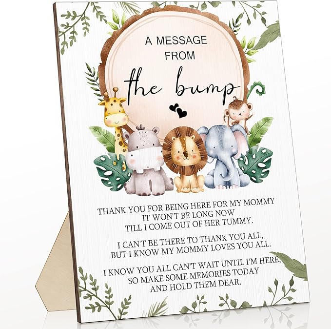 Roowest Cool Baby Shower Tabletop Decoration a Message from the Bump Wooden Baby Shower Games Sign Greenery Cute Gender Reveal Party Thank You Sign, 11.2 x 8.66 Inches(Animals)