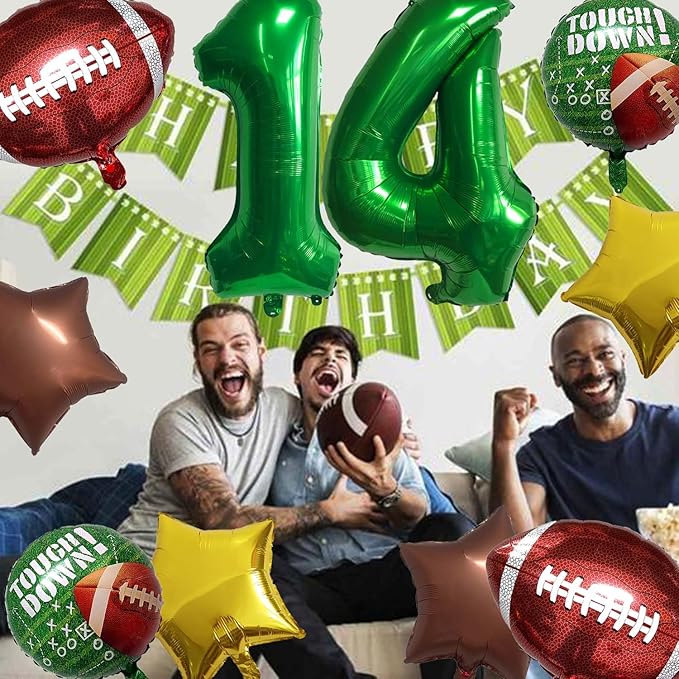 Football Balloons Foil Football Birthday Decorations Balloons Green Number 14 Balloon Gold Brown Star Touchdown Ballons for Rugby Birthday Decorations Sports Ballons Arch Kits Party Balloon Sets 10pcs
