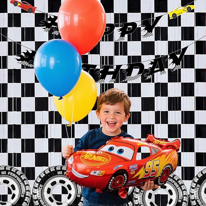Race Car Foil Curtains 3.28x6.56ft - Vibrant Checkered Decor for Race Car Birthday Party Decorations & One Happy Dude Birthday Celebrations! - 2 Packs
