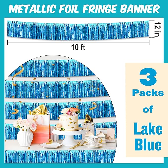 3 Pack 10 Ft Lake Blue Foil Fringe Garland Metallic Streamers Tinsel Banner Wall Hanging Garland Backdrop for Parade Floats, Halloween, Christmas, Thanksgiving, New Year Party Decorations