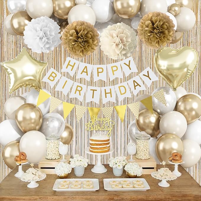 White Gold Birthday Decorations, Beige Gold Party Décor with Foil & Latex Balloons Sash Fringe Curtains Happy Birthday Banner Cake Topper Paper Pompoms Party Decor for Women Girl