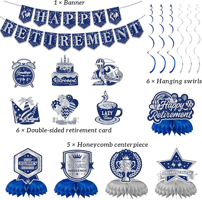 12Pcs Retirement Party Decorations for Men Women Blue Silver Happy Retirement Banner Honeycomb Centerpiece Swirls Party Supplies Retired Farewell Party Set Work Graduation Party Decorations