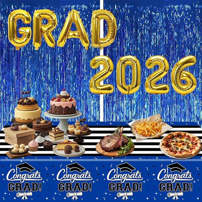 7-Pack Graduation Party Decorations Set, 3 Blue Graduation Tablecloths 54x108in, 2026 and Grad Balloons, 2 Foil Fringe Curtains for High School College Graduation Party Photo Booth