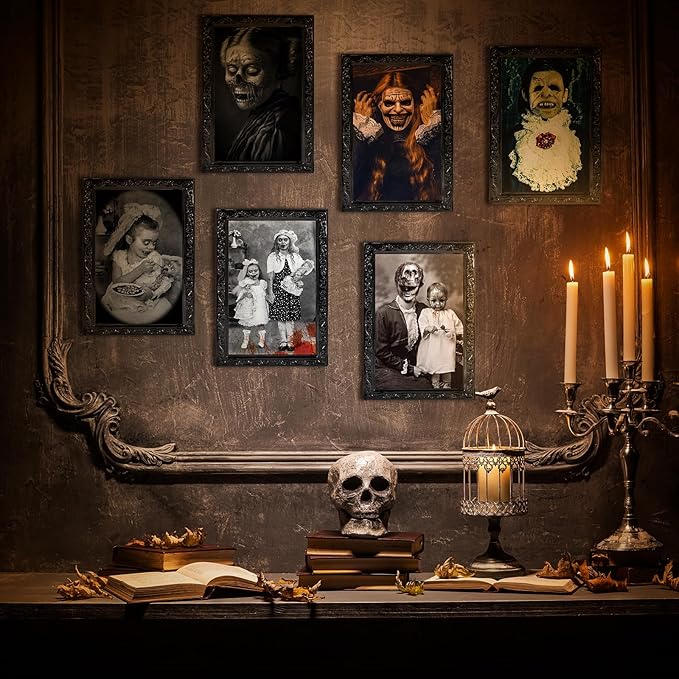 Scary Halloween Decorations Indoor Wall Decor, 6Pack 3D Changing Face Moving Picture Frames Portrait, Gothic Horror Poster Castle Haunted House Mansion Decor Decoration Party Supplies