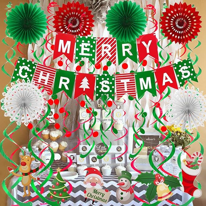 FECEDY Merry Christmas Banner Paper Fan Flower Circle Confetti Dots Hanging Garlandand Swirl Streamers Christmas Tree Christmas Snowman God Tang for Christmas Party Decoration