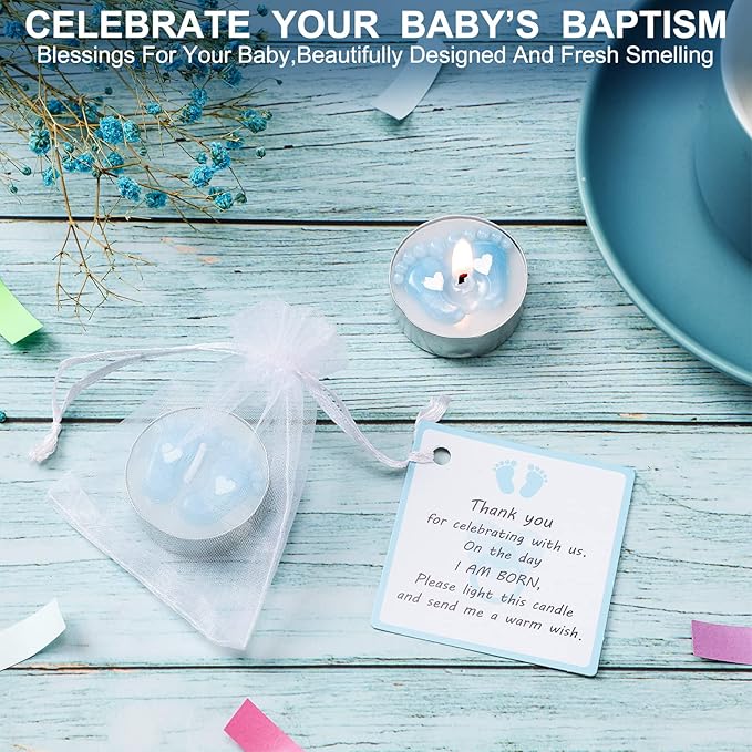 Treela 20 Sets Baby Shower Party Favors Blue Tea Lights Candles with Organza Bag for Guests Cute Feet Shaped Burning Thank You Tags Return Gifts Keepsakes for Baby Shower Gender Reveal Party