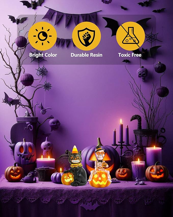 Vintage Halloween Decorations Indoor - 2-Pack 4.7'' Resin Skeleton Gentleman & Black Cat Figurine with Flickering Pumpkin Lights - Halloween Table Decor Ornaments Gifts (Jack-O’-Lantern)