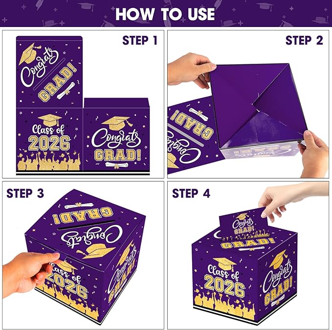 Graduation Card Box 2026 - Congrats Grad Card Boxes Holder, Purple and Gold Class of 2026 Graduation Gift Cards Box for Graduation Party Decorations 2026 Favors Decor Supplies Props,9x 9 x 9 inches