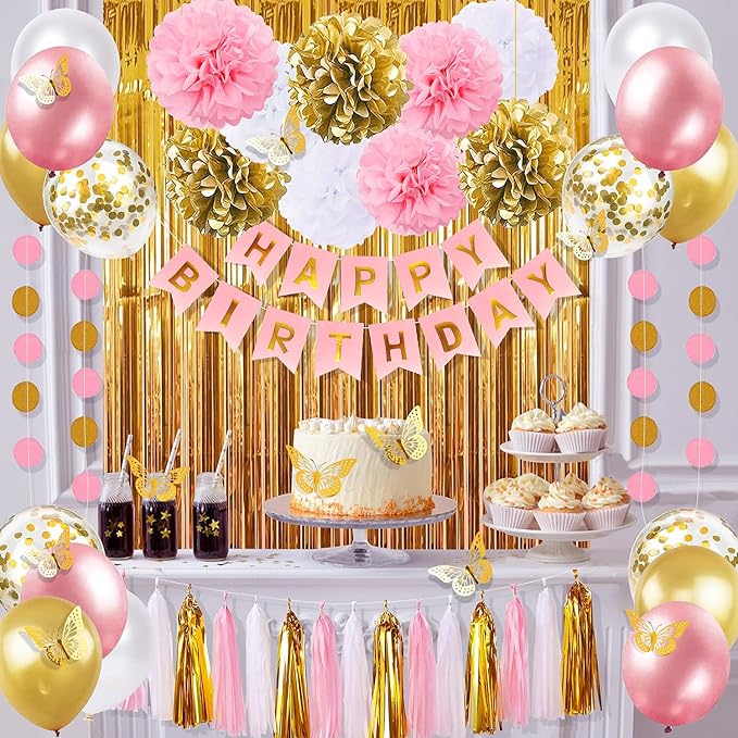 Pink and Gold Birthday Party Decorations for Women with Happy Birthday Banner,Curtains, Butterfly Wall,Circle Dots Garland,Tissue Pompoms,Paper Tassels Garland for Her
