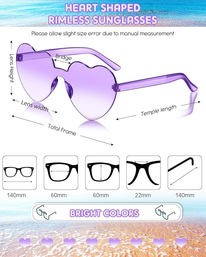 Frienda 8 Pairs Heart Shaped Sunglasses for Women Rimless Heart Glasses Candy Color Sunglasses for Party Favor