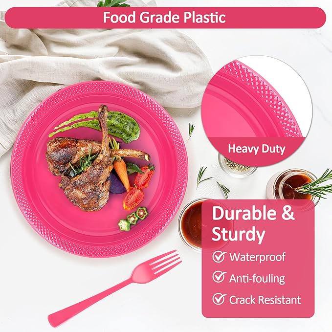200pcs Hot Pink Plastic Party Plates Set, Disposable Pink Plates and Napkins for Party, 50 of Each 9" Dinner Plate, Napkins, Cups & Cutlery Plastic Party Supplies for Birthday, Baby Shower, Wedding