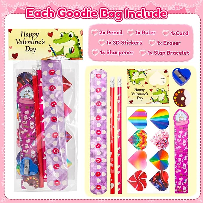 Valentines Day Gifts for Kids - 28 Pack Valentines Stationery Set with Cards, Pencils, Stickers, Erasers, Rulers and Sharpener for Girls Boys Class Exchange, Classroom Prizes and School Party Favors
