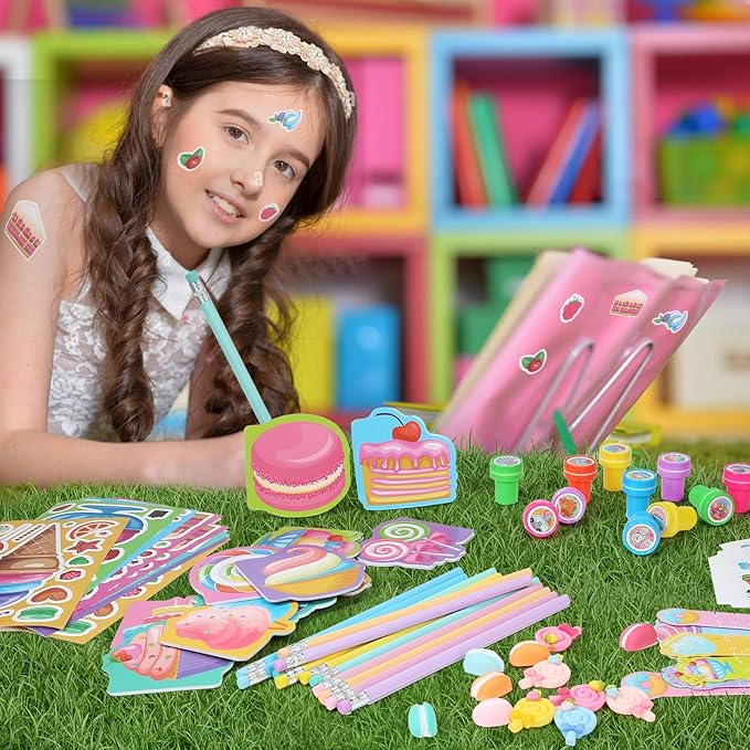 BenLouis 192Pcs Candyland Party Favors Ice Cream Donut Mini Notebook Stampers School Stationery Bulk for Kids Lollipop Sweet Treats Birthday Goodie Bags Pinata Filler Classroom Prizes Supplies