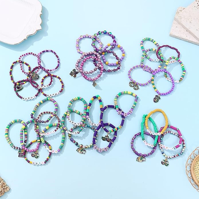 Cooluckday 36 Pcs Holiday Heishi Surfer Bracelets for Women Bulk Easter Mother's Day Christmas St. Patrick's Day Mardi Gras Bracelet Stackable Stretch Friendship Bracelets Set