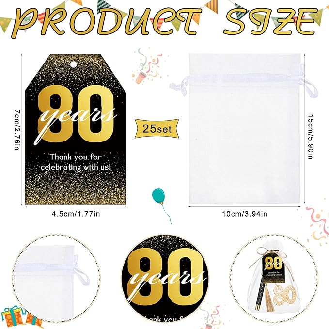 Spakon 25 Set 80th Birthday Party Favor for Guest Anniversary Party Favor Golden Birthday Bookmark Thanks for Coming Pen with Tag Appreciation Gifts for Women Men Wedding New Year