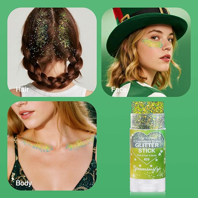 Gold Green Body Hair Glitter Stick,St Patricks Day Green Face Glitter,Waterproof Shimmer Saint Patricks Day Accessories,Mardi Gras Outfit for Women,Rave Carnival Singer Concert Makeup