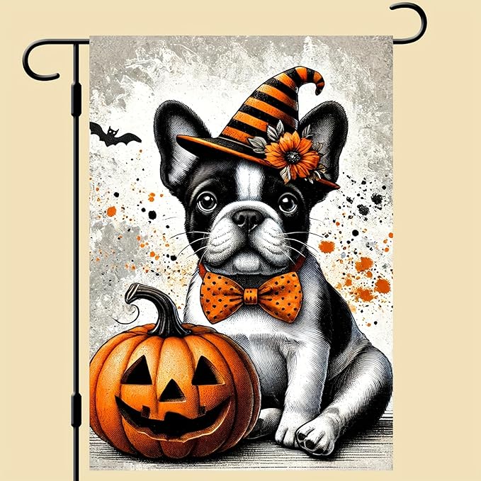 Halloween Garden Flag French Bulldog Pumpkin Witch Hat 12x18 Inch Double SidedOutdoor Yard Banner for Trick or Treat Spooky Haunted House Holiday Decoration Decor