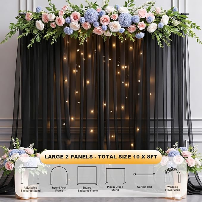 Black Backdrop Curtain - 10 * 8FT Tulle Backdrop Curtain with Lights String for Birthday Decorations - Sheer Backdrop Curtains for Weddings Baby Shower Celebration Happy Anniversary Decorations