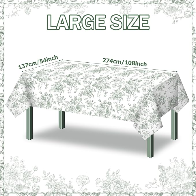 Buryeah 4 Pcs Sage Green Floral Tablecloth for Tea Party Rectangle Disposable Plastic Table Cloth Flower Table Cover for Summer Picnic Wedding Garden Birthday Baby Shower Party Favors, 54 x 108 Inch