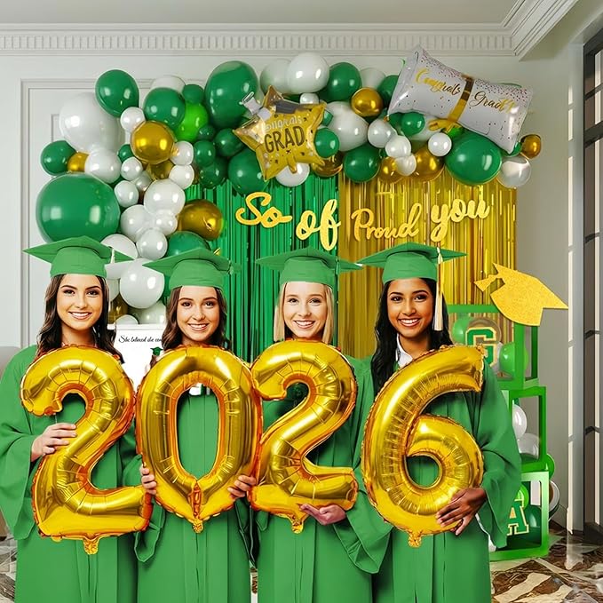 Green Graduation Decorations 2026 Set of 4 GRAD Balloon Boxes with Balloon Arch Garland Kit mylar balloons Fringe Curtain So Proud of You 2026 prom Graduation Decorations