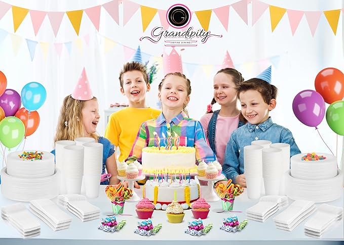 Grandipity 720 Piece White Disposable Dinnerware Set, Plastic Dinnerware Set Includes 120 Count 9' Dinner Plates, 7' Dessert Plates, 12oz Cups, Forks, Knives & Spoons