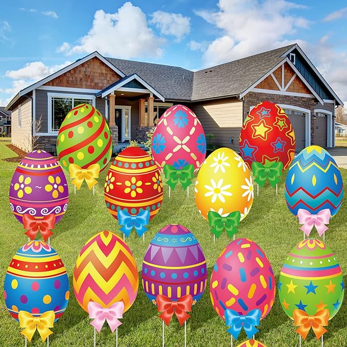 Amyhill 12 Pcs Easter Outdoor Yard Decoration Eggs Garden Lawn Stake Signs with Stakes and Bow Waterproof Corrugated Easter Outdoor Decoration for Patio Lawn Walkway Spring Party Decorations, 12 Style