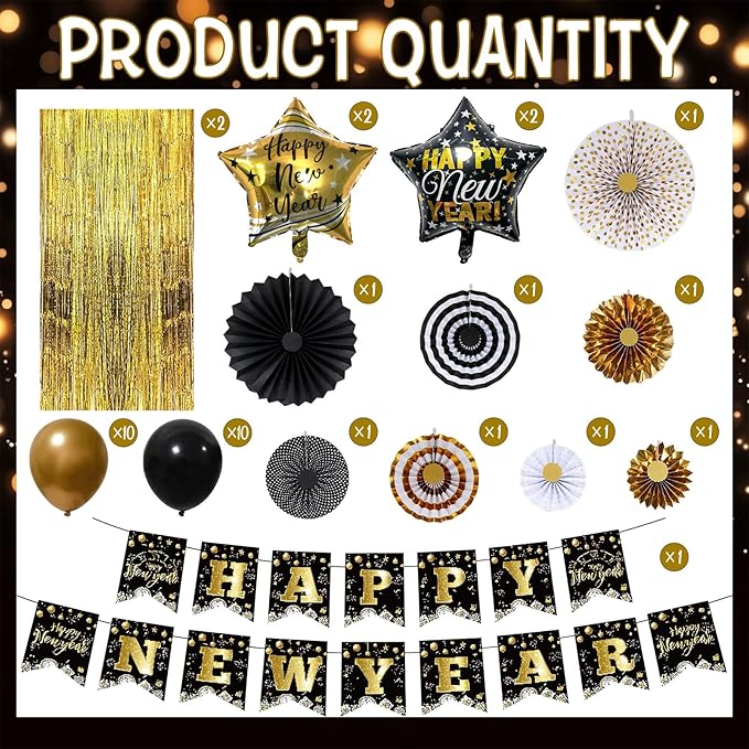 Happy New Year Decorations 2026 Set, Glitter Happy New Year Banner, Gold Fringe Curtain Backdrop Paper Fans New Year Balloons for New Years Eve Party Supplies 2026
