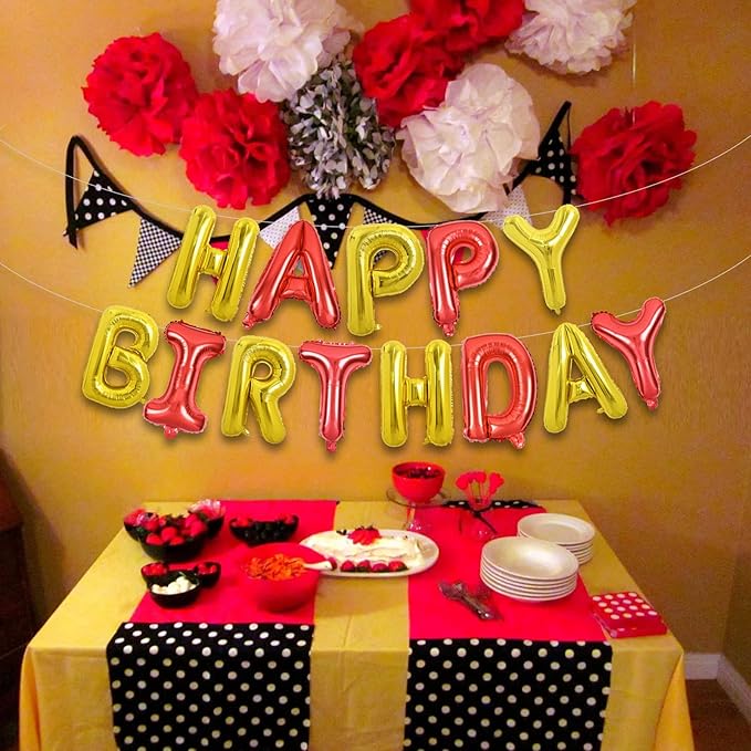 TONIFUL Happy Birthday Balloons Banner 16 Inch Mylar Foil Letters Birthday Sign Reusable for Girls Boys Kids & Adults Birthday Party Decorations Supplies（Gold Red）