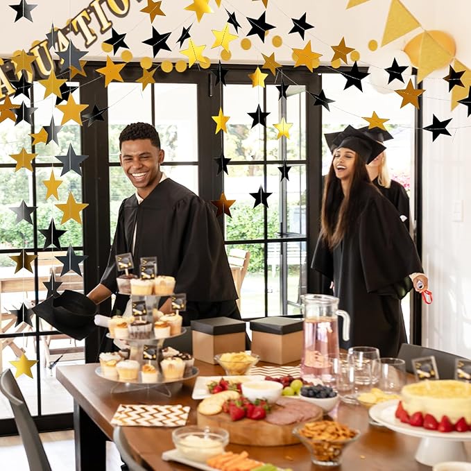 Spakon 65 Feet Glitter Star Paper Garland Banner Hanging Decoration Star Streamers Double Side 2026 Graduation Decorations for Wedding Birthday Festival New Year Party Decoration(Gold Black)
