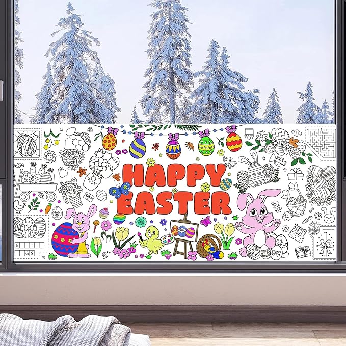 Easter Giant Coloring Poster/Tablecloth, Crafts for Kids, 30 x 72 Inches Jumbo Coloring Banner, Versatile Paper Table Cover for Easter Party Favors, Wall Decoration