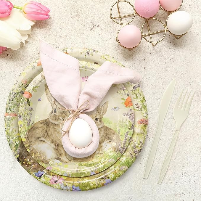 Easter Paper Plates Decorations - 168Pcs Bunny 9" Dinner Plates 7" Dessert Plates 9 OZ Paper Cups Napkins Set Cutlery Happy Easter Rabbit Party Supplies Serves 24