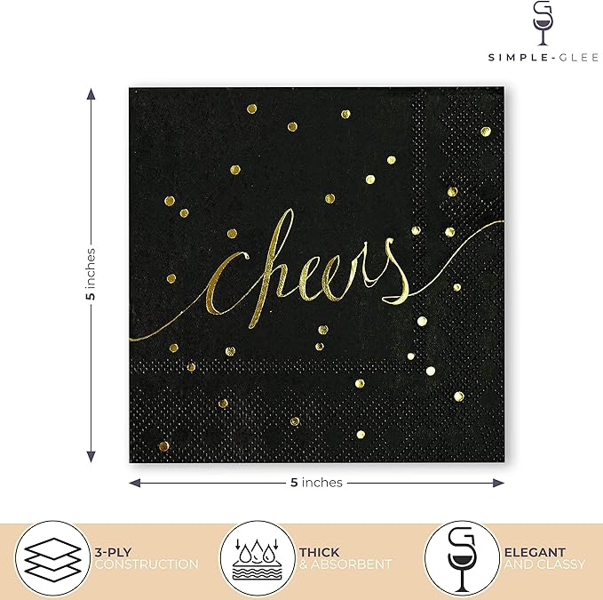 Black and Gold Cocktail Napkins - Pack of 50 Disposable Bar Napkins - Wedding Baby Shower Birthday Graduation Dessert - 3 Ply - By Simple-Glee