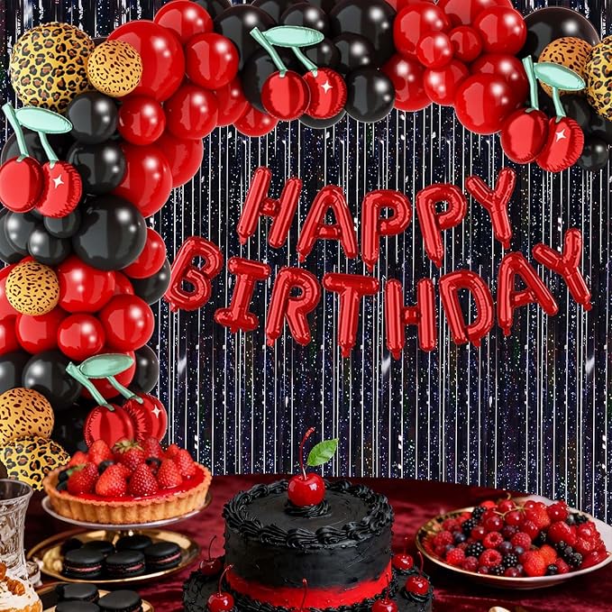 119Pcs Red Cheetah Print Birthday Decorations Balloons Kit, Black Red Cherry Leopard Print Balloons Birthday Foil Banner and Laser Fringe Curtain for Girls Women