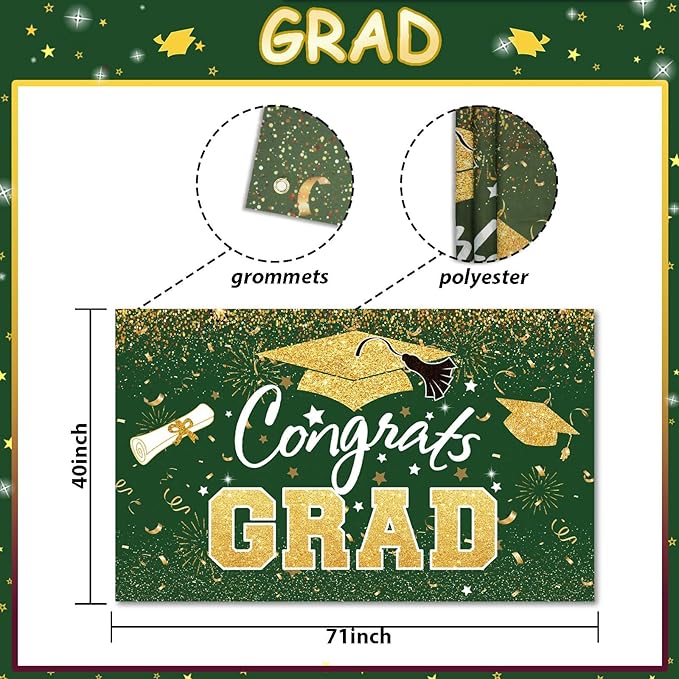 Graduation Party Decorations - Green Gold Congrats Grad Class of 2026 Backdrop Banner Large Sign Wall Decorations Photography Background Party Supplies for 2026 Graduation Party Decorations