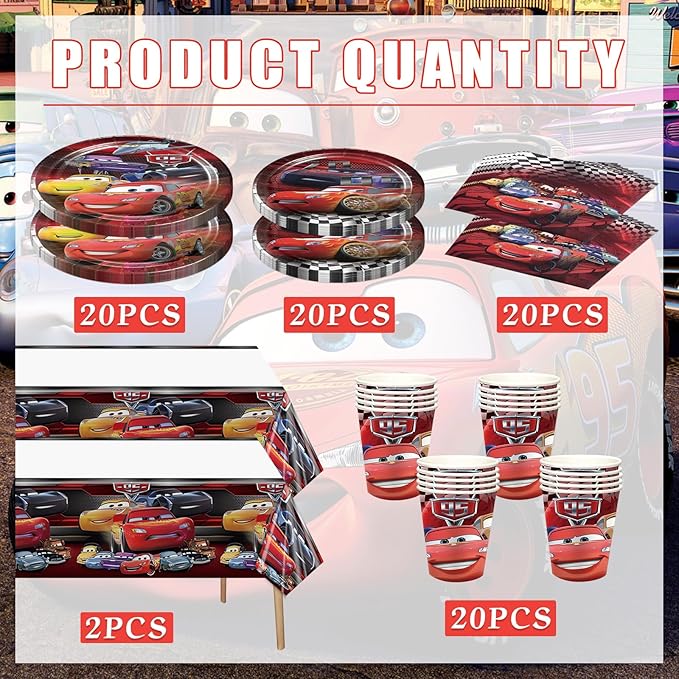 82 PCS Cars Party Supplies, Cars Party Tableware Includes 40 Plates, 20 Napkins, 20 Cups, 2 Tablecloth for Birthday Party Decorations