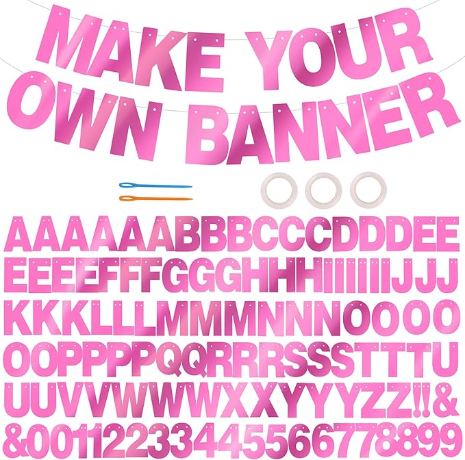 BEISHIDA 116 PCS A-Z DIY Letter Banner Kit Make Your Own Banner Double-Sided Pink Including 111 Letters and Numbers 3 Rope and 9 Threading Device,Customized for Birthday Graduation Wedding Decor